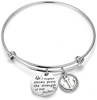 Inspirational Stainless Steel Wire Bangle Bracelet with Mariner Chain - "Life's Roughest Storms Prove the Strength of Our Anchors" Design