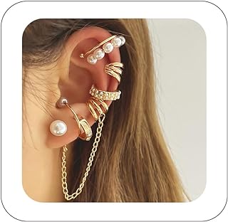 8-Piece Women's Zinc Ear Cuff Earrings Set with Adjustable Pearl Detail, Push Back Design - Ideal for Modern Punk Chic Style