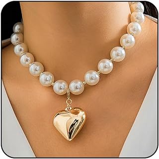 Chunky Heart Necklace Cute Pearl Heart Necklace for Women Gold Beaded Necklace Trendy Jewelry Y2k Heart Pendant Necklace Accessories Girls Gifts