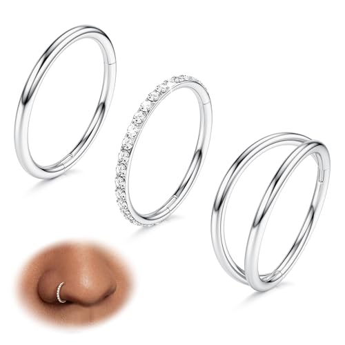 BodyBonita 3pcs Nose Rings Hoops - 316L Surgical Steel Double Hoop Nose Rings 16G/18G/20G Hinged CZ Conch Piercing Jewelry Septum Clicker Lip Rings Cartilage Earring Helix Rook Tragus 7mm/8mm/9mm/10mm