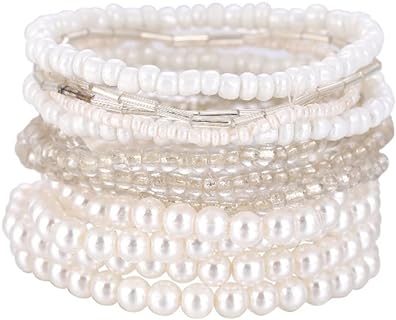 COLORFUL BLING Women Multilayer Temperament Imitated Pearl Stackable Strand Bracelets Beaded Seed Heart Rhinestone Crystal Stretch Bracelet Wedding Wrist Jewelry