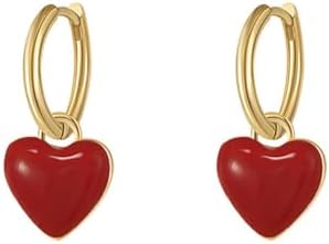 Cute Red Heart Love Dangle Drop Small Huggie Hoop Earrings for Women Girls Vintage Minimalist 14K Gold Plated Enamel Charm Hoops Dainty Hypoallergenic Jewelry Gifts for Her Birthday Valentines Day