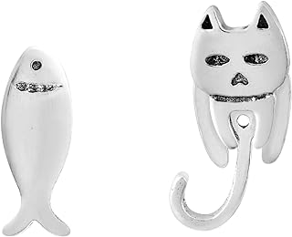 AeraVida Trendy Cunning Cat and Fish .925 Sterling Silver Mismatched Stud Earrings for Men Women