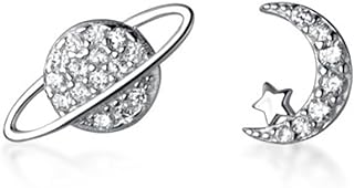 E EMZHOLE Star Moon Stud Earrings Silver Asymmetric Star Moon Planet Small Cartilage Stud Earrings for Women Teen Girls Hypoallergenic Piercing Post Jewelry Gifts Birthday Daughter Sister Xmas