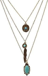 LUREME® Vintage Multi Layered Chain Turquoise Stone Flower Metal Feather Pendant Necklace (01003373)
