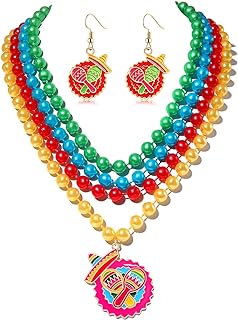 Cinco De Mayo Fiesta Vibrant Beaded Necklace & Earrings Set with Lobster Clasp, Mexican Themed Sombrero & Cactus Charms - Fun Costume Jewelry for Mexican Festival Celebrations