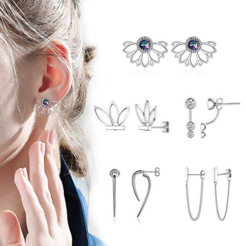 925 Sterling Silver Lotus Flower Colorful Topaz Ear Jacket Front and Back Stud Earrings for Women (with Gift Box)