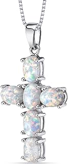 PEORA Created White Fire Opal Cross Pendant Necklace for Women 925 Sterling Silver, 3 Carats total Oval Shape, with 18 inch Chain