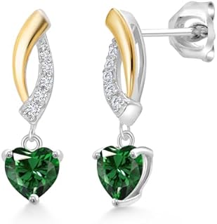 Women's 925 Silver, 10K Yellow Gold, Green Nano Emerald & White Lab Grown Diamond Heart Dangle Earrings with Post Friction Back by Gem Stone King – Ideal May Birthstone Gift