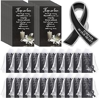 Unittype 30-Set Memorial Ribbon Brooch Pins with Pin Clasp for Group Members - Memorial and Prayer Card Included, Funeral Favors Design