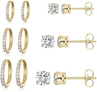 Gemsme 316L Surgical Stainless Steel Small Cubic Zirconia Hoop Earrings Cartilage Piercings, Mini Cubic Zirconia/Ball Stud Earrings Sets for Women Men, White Gold/Yellow Gold