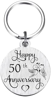 Stainless Steel 50th Anniversary Keychain Keyring, Touching Engraved Message, Perfect for Men and Women, Unique Round Design