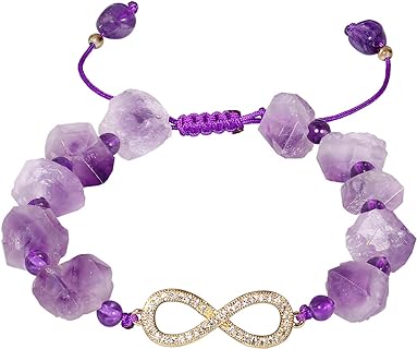 Women's Push-Button Clasp, Amethyst Beaded Infinity Bracelet with 14K Gold Plating and Bead Chain Design - Drusy Quartz Raw Stones & Natural Crystals