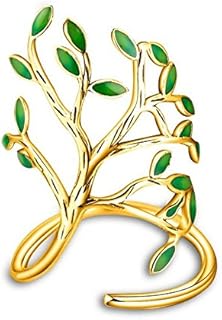 Uloveido Enamel Tree of Life Adjustable Ring Featuring Oval Green Stone in White and Gold Tones for Women - Stylish and Resizable (HR303)
