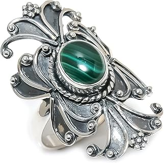 Adjustable Ring Clasp 925 Sterling Silver Abalone Engagement Ring with Malachite Gemstone for Ladies, Oval Design, Handmade from India
