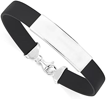 Men's Sterling Silver 925 Engravable ID Bar Bracelet with Lobster Claw Clasp and Black Rubber Band