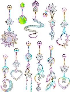 Prjndjw belly button ring dangle 14G surgical steel belly rings pregnancy belly button rings belly piercing jewelry For women 10mm Snake Glow CZ Heart silver belly button rings 11pcs piercing kit