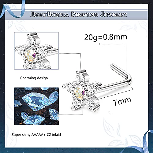 BodyBonita 9Pcs 20G Nose Rings Studs with Big Bling CZ Snowflake Star Top Surgical Steel L-Shaped Nose Studs Triple Linear Gem Ball Round Diamond CZ Nose Piercing Jewelry 7mm