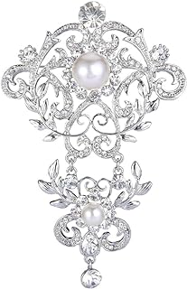EVER FAITH Silver-Tone Crystal Cream Simulated Pearl 4 Inch Elegant Floral Leaf Vine Wave Brooch Clear