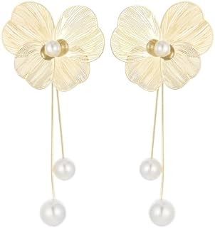 Women's Flower Earrings with Freshwater Pearl Drops - 925 Sterling Silver Hypoallergenic Stud Earrings with Push Back - Decorative Boho Dangle Design for Sensitive Ears