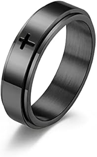 6mm/8mm Titanium Steel Black/Silver/Gold Fidget Ring Engraved Small Cross Stainless Steel Spinner Rings Stress Relieving Anxiety Ring Engagement Wedding Promise Band for Women Men Size 5-15
