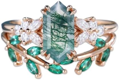 10K/14K/18K Rose Gold Moss Agate Engagement Ring Set for Women, Sterling Silver 2CT Customizable Ring Size 4-12, Oval/Hexagon/Kite/Marquise Cut Natural Green Moss Agate Bridal Set