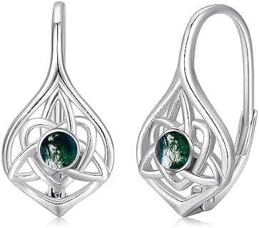 Sterling Silver Celtic Moss Agate Drop Earrings with Hypoallergenic Lever Back and Irish Knot Cluster Design - Ideal Jewelry Gift for Women and Girls