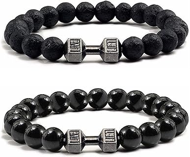 HUASAI Men's Dumbbell Bracelet with Cord Chain | Alloy Gym Bead Bracelet | Adjustable Natural Stone Bead Design | Fitness Barbell Jewelry