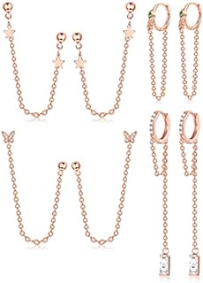 Cubic Zirconia Adorned Stainless Steel Dangle Tragus Earrings with Butterfly-back, Set of 4 Pairs for Women, Hoop Design