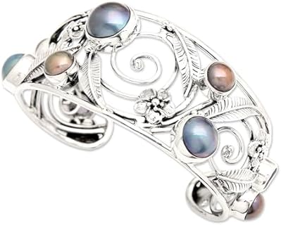 NOVICA Artisan Handmade Amethyst Cultured Freshwater Pearl Cuff Bracelet Floral .925 Sterling Silver Purple White Indonesia 'Sweet Frangipani'