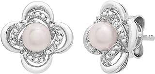 Sterling Silver Pearl Diamond Earrings Stud with Push Back, Clover Design - Handcrafted Luxury Female Jewelry