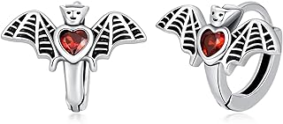 Halloween Sterling Silver Bat Stud Clip-On Earrings with Heart-Shaped Cubic Zirconia for Women & Girls