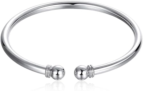 ChicSilver 925 Sterling Silver Bangle Bracelet, Fashion Simple Open Bangles Two Bead Cuff Jewelry for Women Girls
