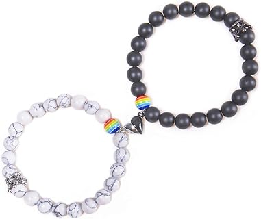 2-Piece Bead Chain LGBT Pride Natural Stone Bracelets with Magnetic Clasp for Men and Women, Gay & Lesbian Gift, Crown Design