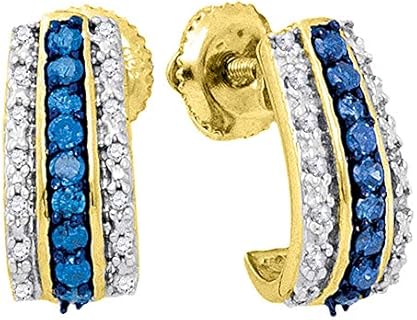 The Diamond Deal 10kt Yellow Gold Womens Round Blue Color Enhanced Diamond Half J Hoop Earrings 1/3 Cttw