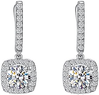 Classic Cubic Zirconia Dangle Hoop Earrings for Women Girls 18K White Gold Plated Princess Cut Square Halo CZ Charms Drop Dangling Leverback Stud Dainty Birthday Wedding Anniversary Jewelry Gifts