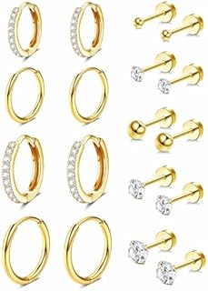 Jstyle 9 Pairs Earrings Sets for Multiple Piercing Hypoallergenic 14K Gold Plated Small Huggie Hoop Earrings for Women Tiny Ball CZ Gold Flat Back Stud Earrings for Women Lobe Helix Cartilage Earrings