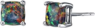 Peora 14K White Gold Created Black Fire Opal Stud Earrings for Women, Hypoallergenic Solitaire, Cushion Cut 6mm, 1 Carat total, October Birthstone, Friction Back
