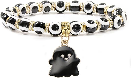 Buckle Clasp Ghost Bead Bracelet with Bead Chain and Resin Gems for Men and Women - Unique Skull Design - Halloween Accessory and Good Luck Charm