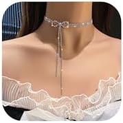 Missgrace Layered Tassels Rhinestone Necklaces Silver Crystal Bow Shiny Short Necklace Chains Sparkly Party Necklace Jewelry for Women and Girls