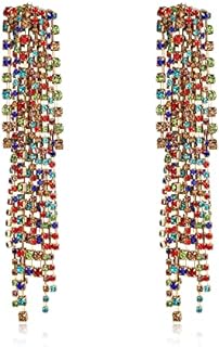 EVER FAITH Crystal Multiple Tassel Fringe Dangle Drop Earrings, Sparkle Rhinestone Long Dangling Chandelier Statement Earrings for Women Girl