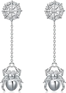 Sterling Silver Spider Stud Earrings with Cubic Zirconia for Women - Unique Spider Web Design