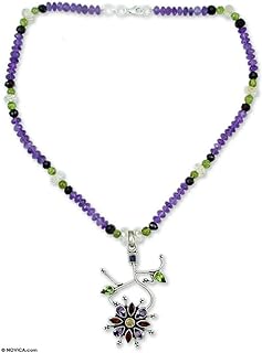 Handmade NOVICA Garnet Bead Necklace with Sterling Silver Cable Chain and Lobster Clasp for Women, Floral Multigem Design with Amethyst, Citrine & Peridot - A Beautiful, Artisan Crafted Product from India