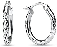 Sterling Silver High Polished Round Fashion Hoops Diamond-cut Textured Click-Top 2mm Hoop Earrings for Women Girls