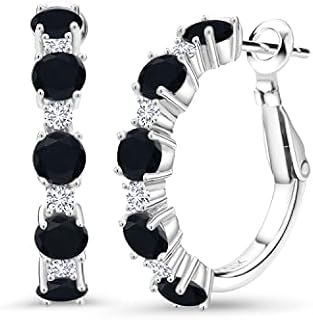 Women's Sterling Silver Lever Back Black Onyx and White Moissanite 2.50 Cttw Round Hoop Earrings by Gem Stone King