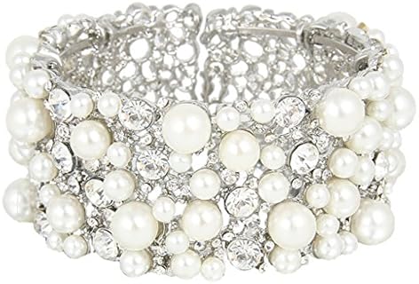 EVER FAITH Women's Wedding Jewelry Austrian Crystal Cream Simulated Pearl Bridal Cuff Bracelet Clear Silver-Tone