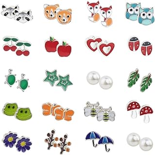 HOVEOX 20 Pairs Stud Earrings Stainless Steel Mixed Color Cute Animals Fruit Mushroom Cherry Pearl Fox Bear Butterfly Bee Owl Flower Star Heart Stud Earrings Set for Women