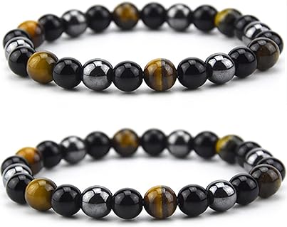 Spring Ring Clasp Buddha Beads Bracelet with Cord Chain and Botswana Agate Gems for Men and Women, featuring Prosperity and Luck - Hematite, Black Obsidian, Tiger Eye Design