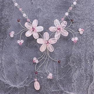 Lobster Clasp Rose Quartz and Garnet Beaded Necklace with Ball Chain - Handmade in Thailand, Floral Design for Women
