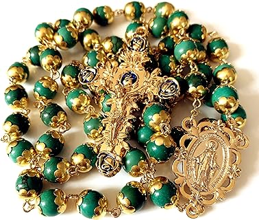 elegantmedical HANDMADE Gold 8MM Turquoise BEADS CATHOLIC AVE MARIA 5 DECADE ROSARY NECKLACE CROSS crucifix Mens Womens Religious Gift